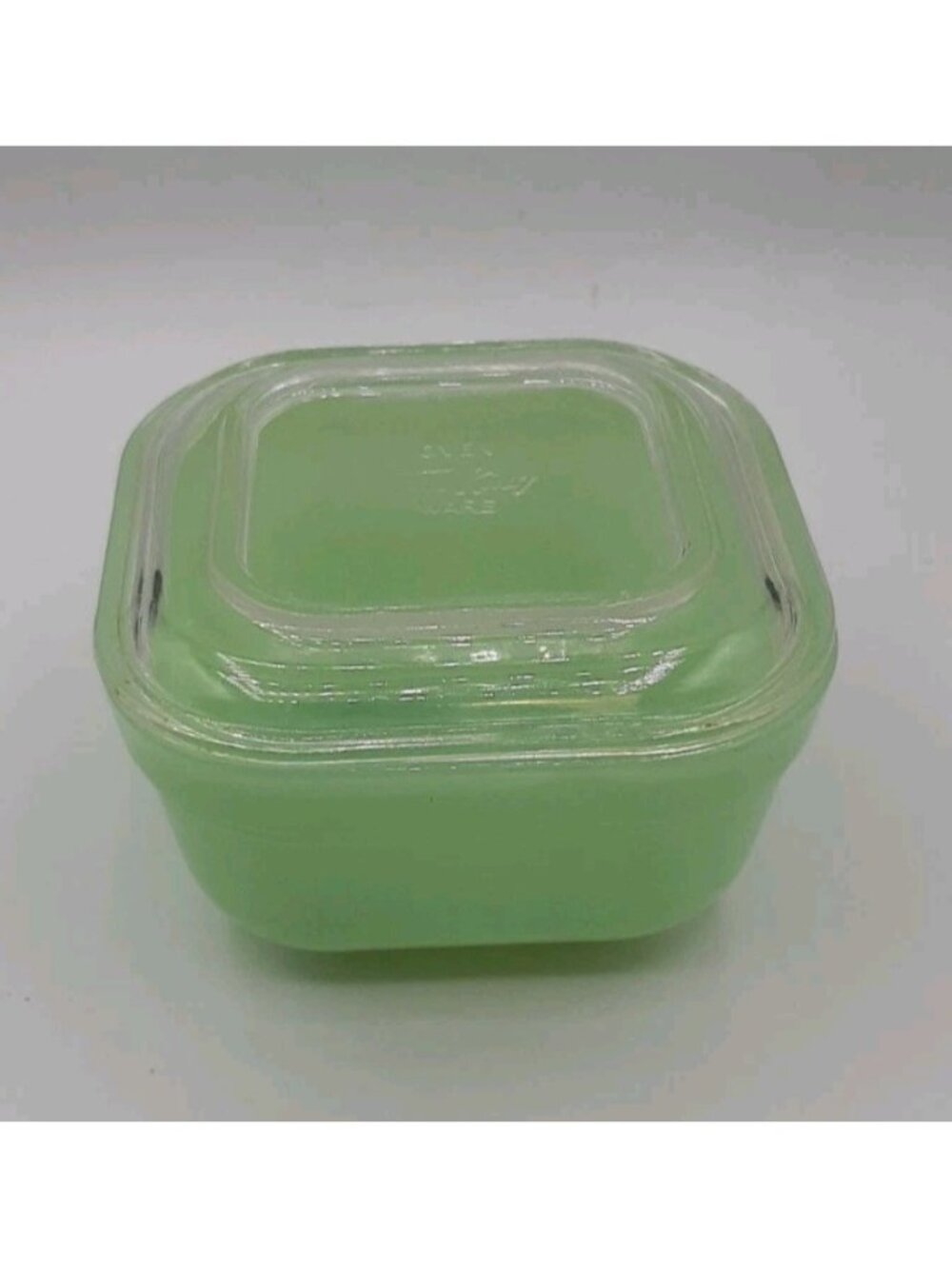 Jadeite Fire King 4 X 4 Refrigerator Bowl  Clear Lid Both Are Marked Fire King